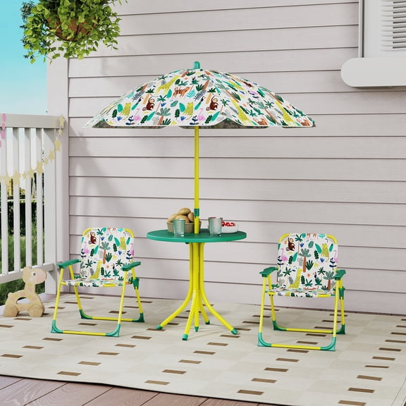 Qaba Kids Picnic Table with 2 Folding Chairs and Umbrella, Jungle Theme Portable Children Outdoor Furniture for Backyard, Garden, Patio, Green