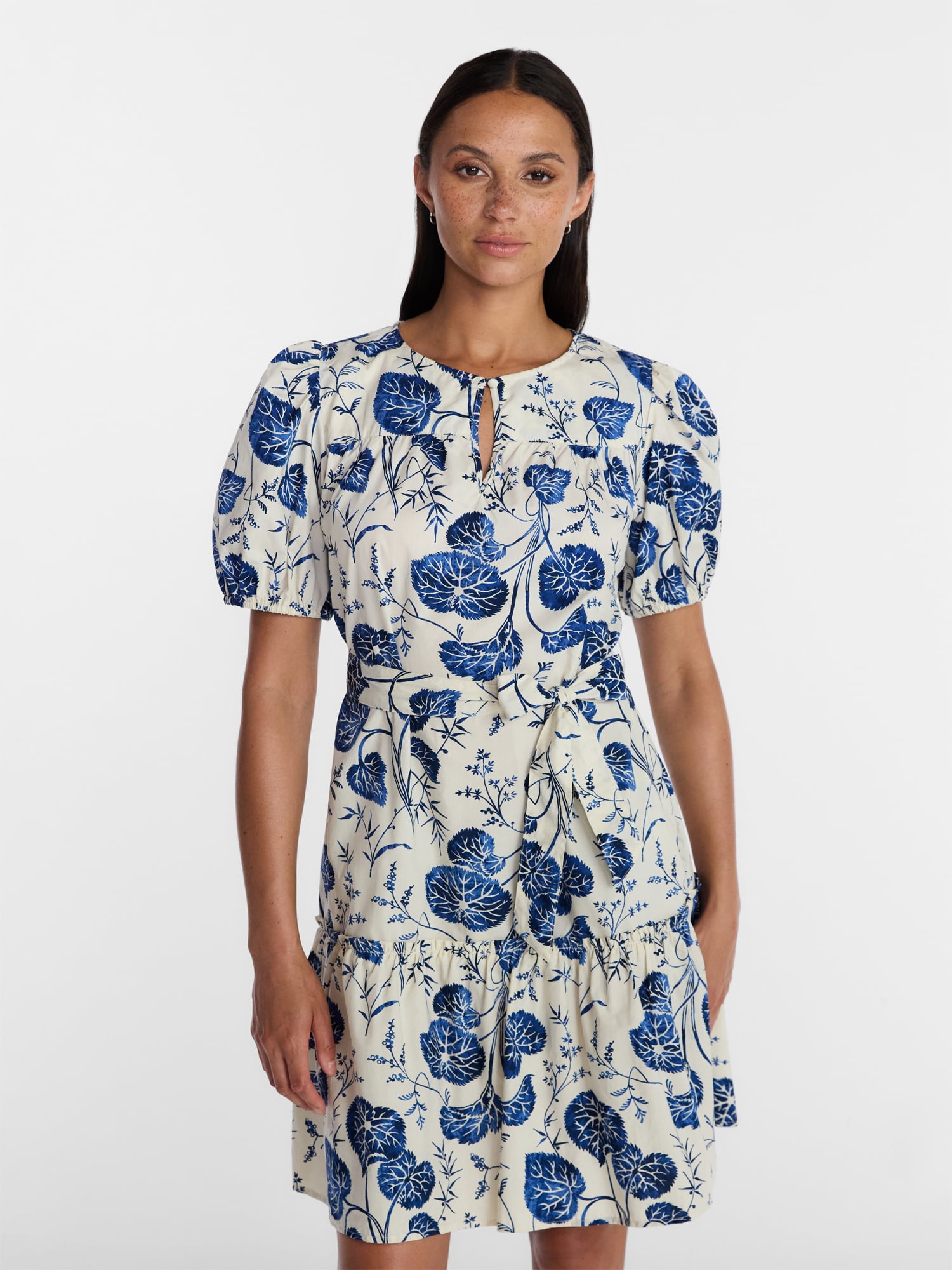 Time and Tru Women's and Women's Plus Cotton Mini Dress with Puff Sleeves, Sizes XS-4X