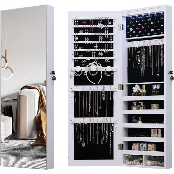 LED Jewelry Cabinet Armoire Organizer,Wall/Door Mount Jewelry Organizer and Storage with Full-Length Mirror Hanging Jewelry Organizer Full Length Mirror with Storage Large Capacity White