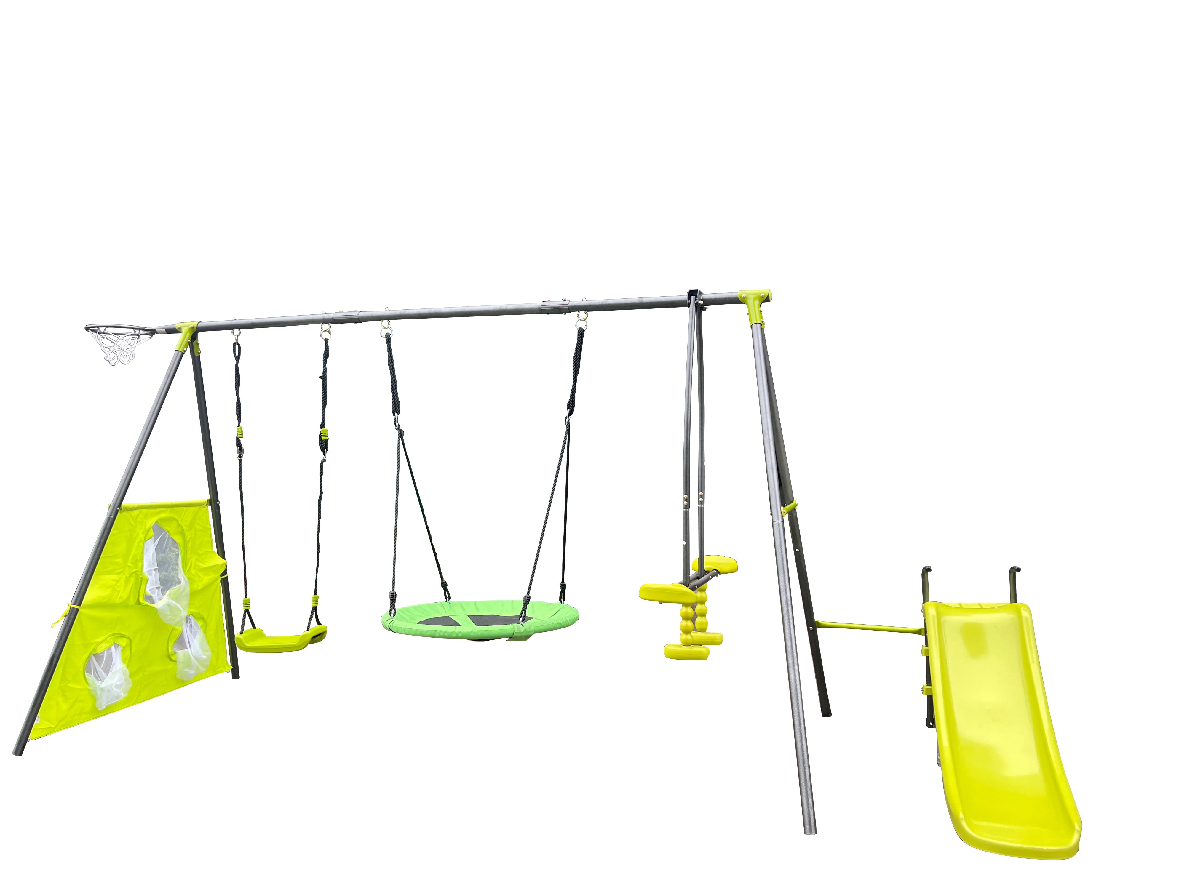 5 in 1 Outdoor Metal Swing Set with Seesaw Swing, Playground Swing Sets with Heavy-Duty A-Frame Metal Outdoor Stand, Swing Slide Playset for Kids with Basketball Hoop