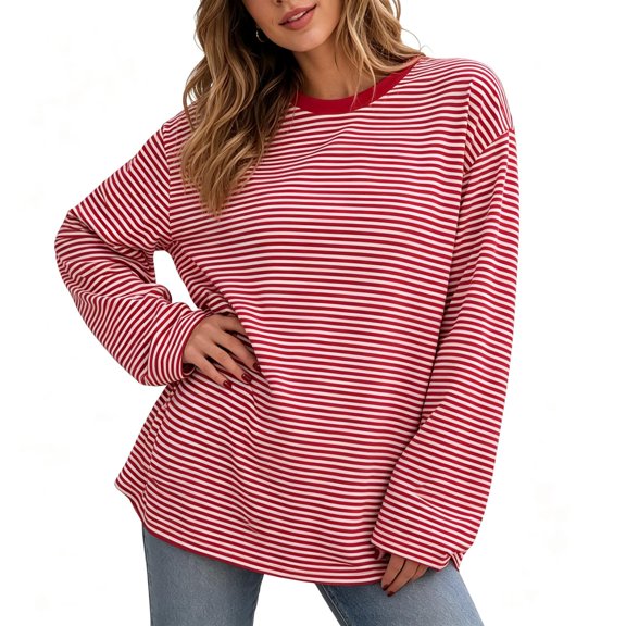 TKKCS Womens Striped Long Sleeve Crew Neck Shirts Cotton Blend Drop Shoulder Fashion Casual Loose Fit Comfort Tee Red L