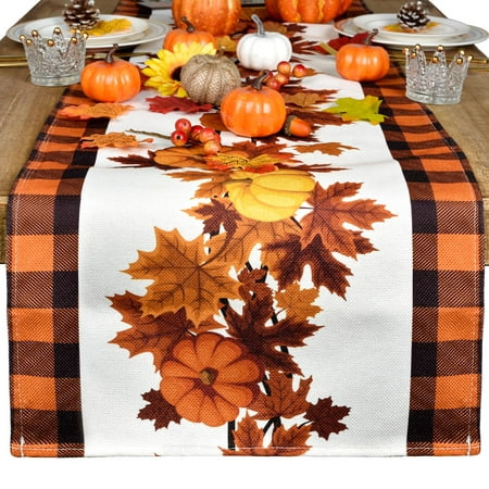 

Coolmade Maple Leaves Pumpkins Buffalo Plaid Truck Table Runner Seasonal Fall Harvest Vintage Kitchen Dining Table Decoration for Indoor Outdoor Home Party Decor 14 x 72 Inch