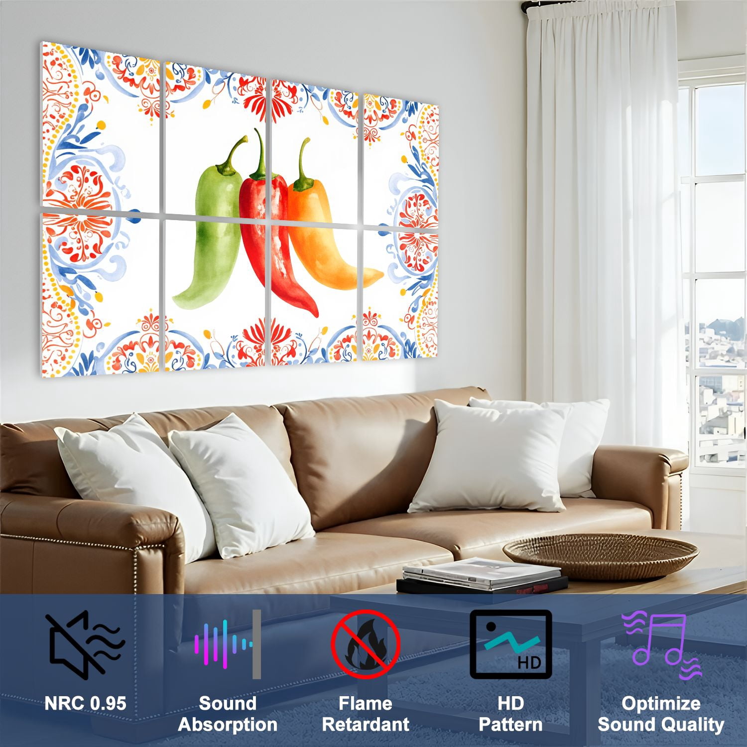 8 Pack Art Acoustic Panels Sound Absorbing Watercolor Chili Peppers Decorative Soundproof Wall Panels Self Adhesive for Nursery Game Room Bedroom 48"x32"