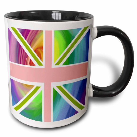 3drose, Arty Rainbow Swirl Union Jack English Flag - Modern Great Britain United Kingdom England, 11oz Two-tone Black Mug