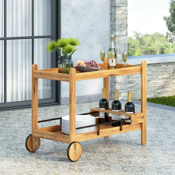 Noble House Teak and Black Acacia, Wood and Iron Outdoor Kitchen Serving & Storage Cart