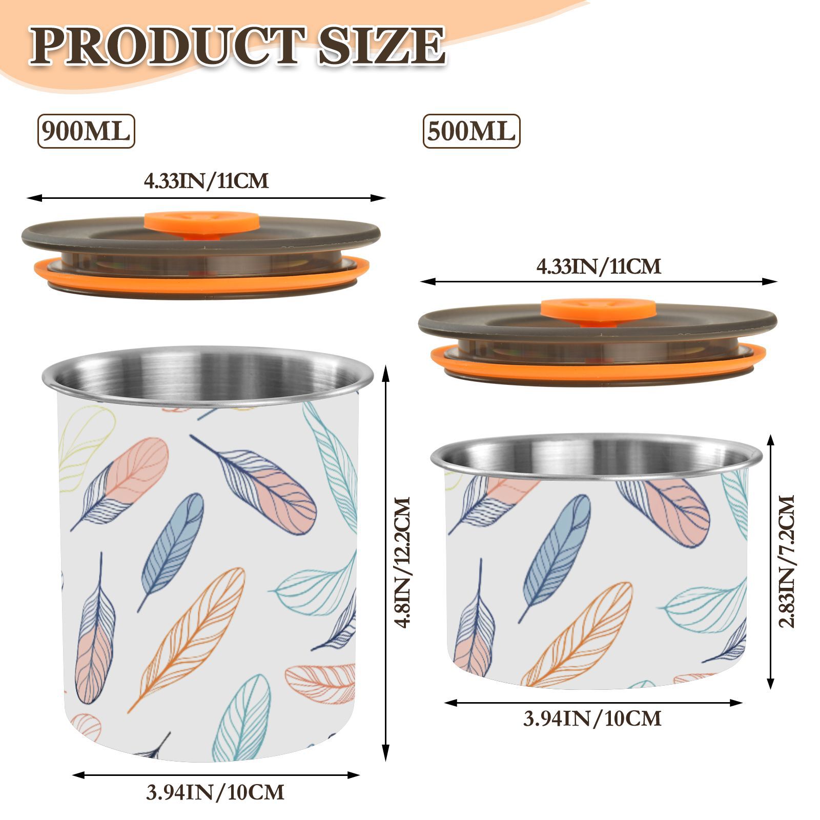 Colorful Feather Airtight Coffee Bean Canister 30oz Food Storage Containers with Lids For Gournd, Tea, Sugar, Flour, Rice, Cereal, Candy Cookie Jar