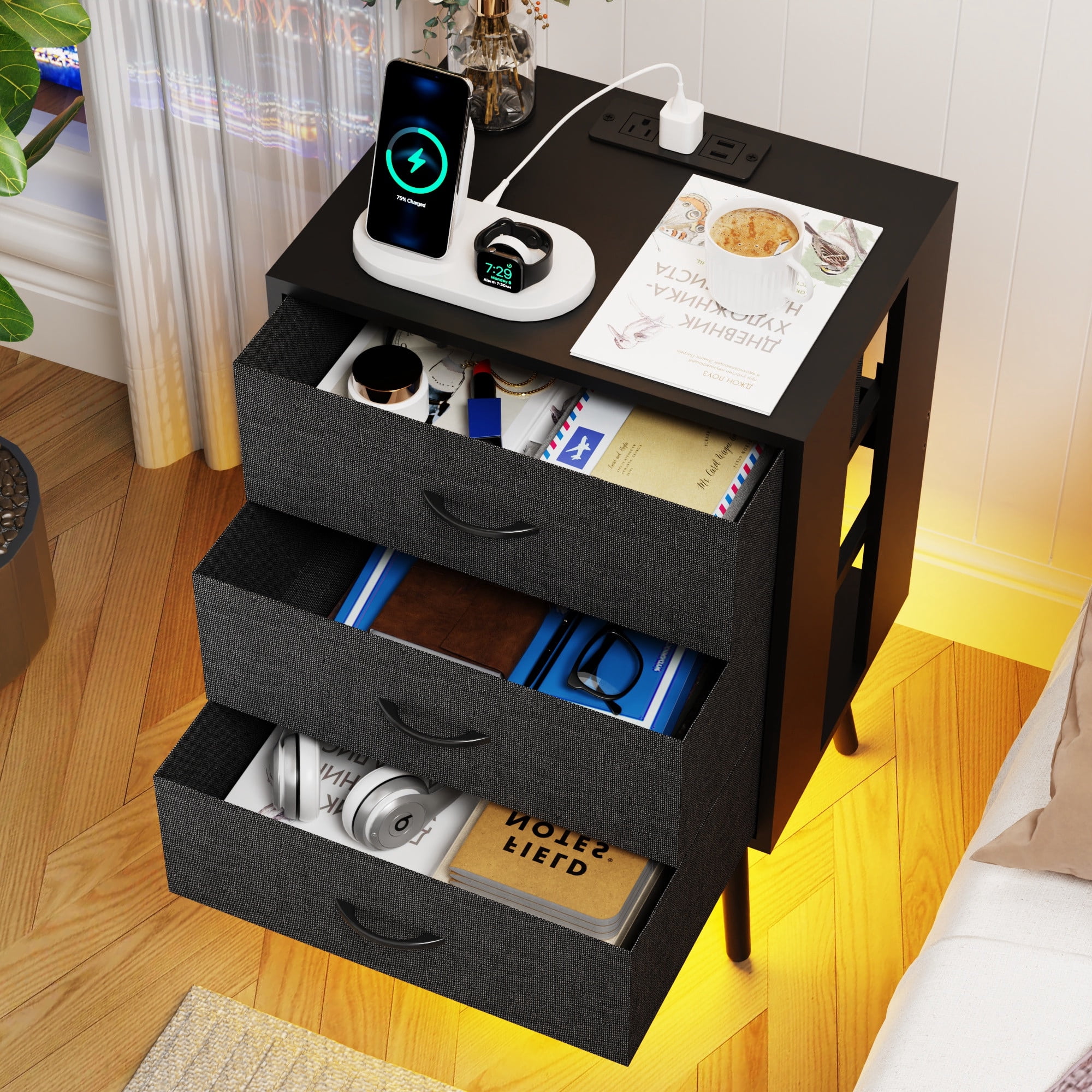 Nightstand Set of 2, Holaki Nightstand for Bedroom with Charging Station, Modern Nightstand with 3 Storage Drawer & 20 Colors LED Lights, Bedside Table for Living Room, Black