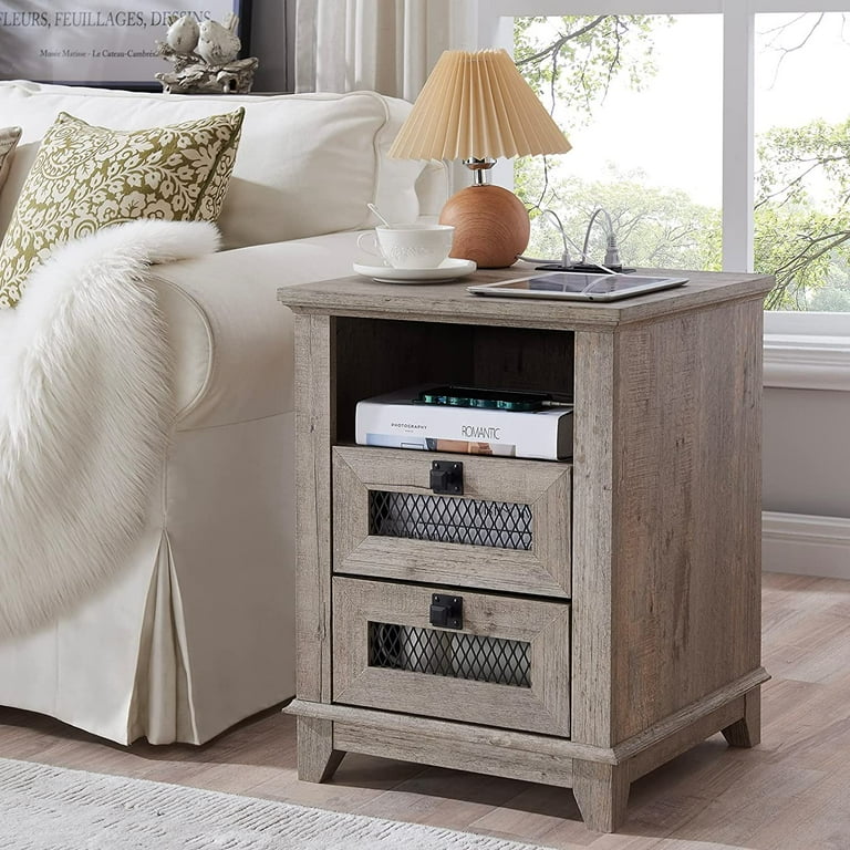Farmhouse Nightstand with Charging Station OKD Square End Table with 2 Drawers Light Rustic Oak