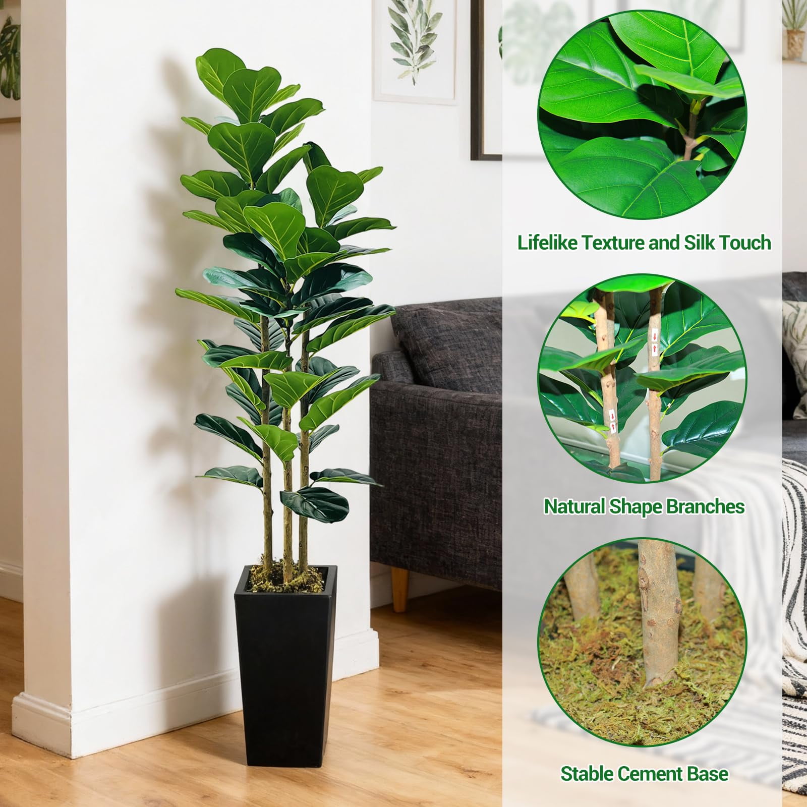 Gaderth Artificial Fiddle Leaf Fig Tree with Planter,  Faux Ficus Tree Fake Moss Tall Fake Tree for Home Decor for Home Office Wedding Party Gifts Indoor Outdoor Decor