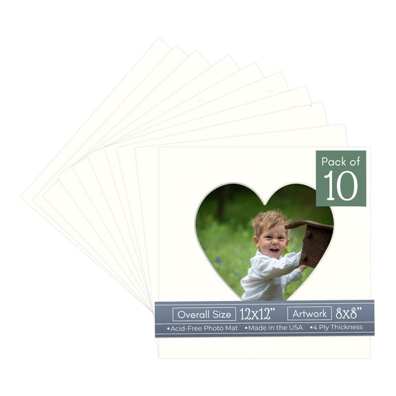 Antique White Picture Frame Mat for 12x12 Frames - Heart Opening for 8x8 Photos - 10 Mats