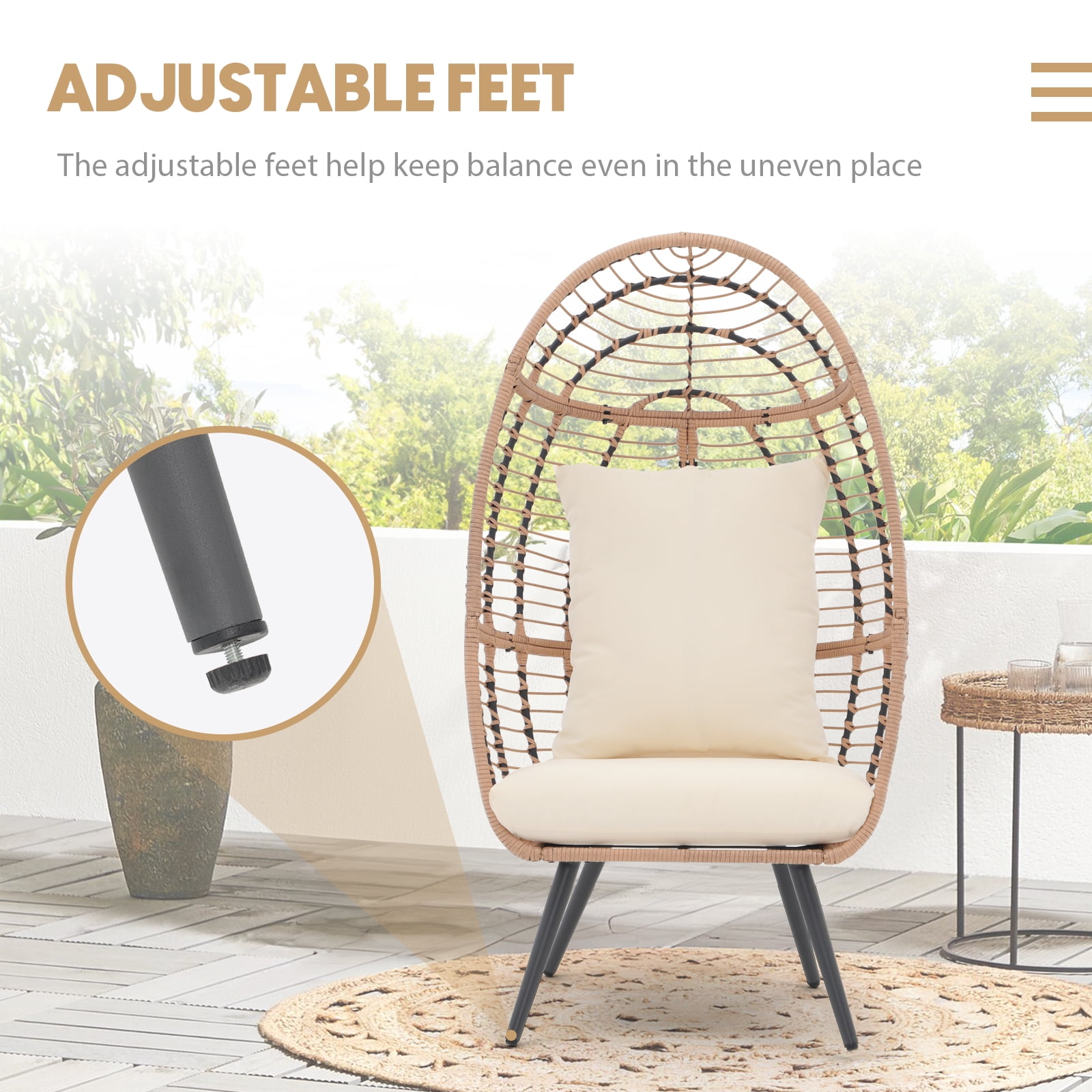 Simenmax Wicker Egg Chair, Outdoor Indoor Oversized Lounger Large Egg Basket Chair with Stand and Cushions for Patio Porch, Backyard, Living Room, Balcony,Beige