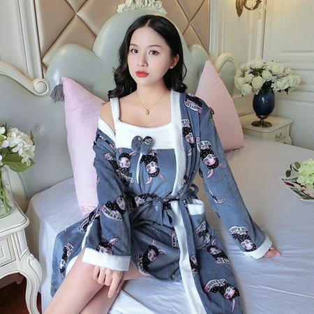 

DanceeMangoo 2 Pcs Warm Flannel Robe Set Winter Floral Robe Thicken Sexy Nightgowns Bathrobe Women Pajamas Bath Flannel Robe Sleepwear Womens