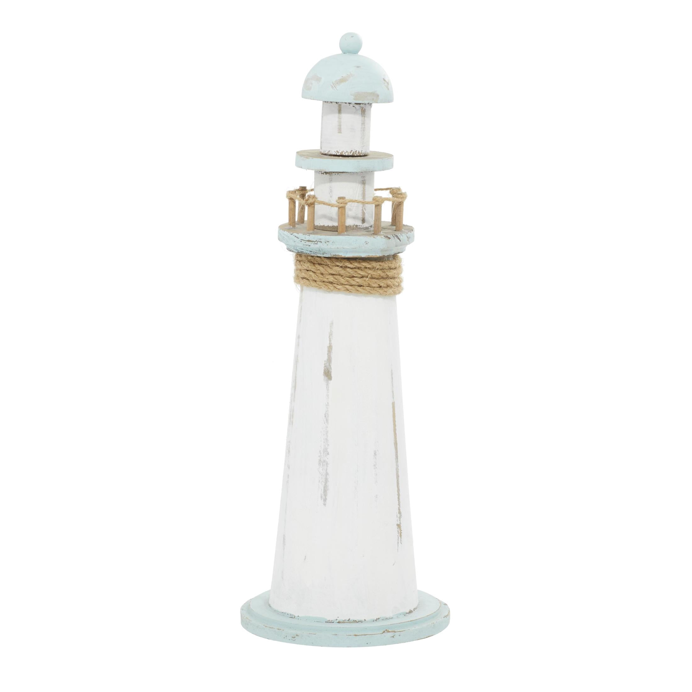 DecMode 6" x 15" White Wood Light House Sculpture