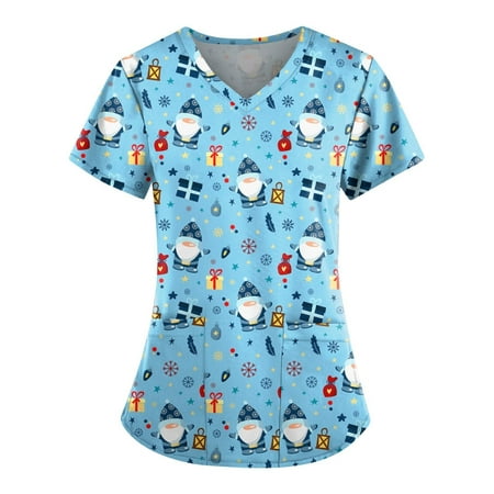 

JWZUY Women Tops Working Uniform T-Shirt Graphic Print Short Sleeve V-Neck Nursing Scrubs Tops with Pockets Workwear Nursing Blouses Pullover Shirts Tshirts Tee Shirt (Sky Blue S)
