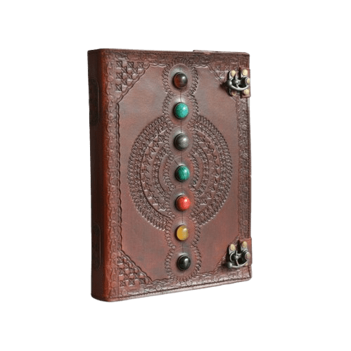 Handmade Brown Embossed Leather Journal with 7 Healing Stones – 10"x7", 200 Pages– Vintage Writing Notebook