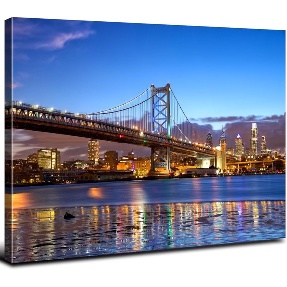 Aaheei Philadelphia Skyline Canvas Wall Art, Dusk Franklin Bridge Poster, USA Cityscape Wall Decor for Living Room, Office, Bedroom 8 x 10 in