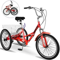 Lilypelle Adult Folding Tricycle with Low Step Through,7-Speed Three Wheel Foldable Cruiser Bike Trike with Cargo Basket for Women, Men, Seniors ,Red