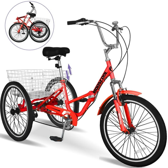 Lilypelle Adult Folding Tricycle with Low Step Through,7-Speed Three Wheel Foldable Cruiser Bike Trike with Cargo Basket for Women, Men, Seniors ,Red