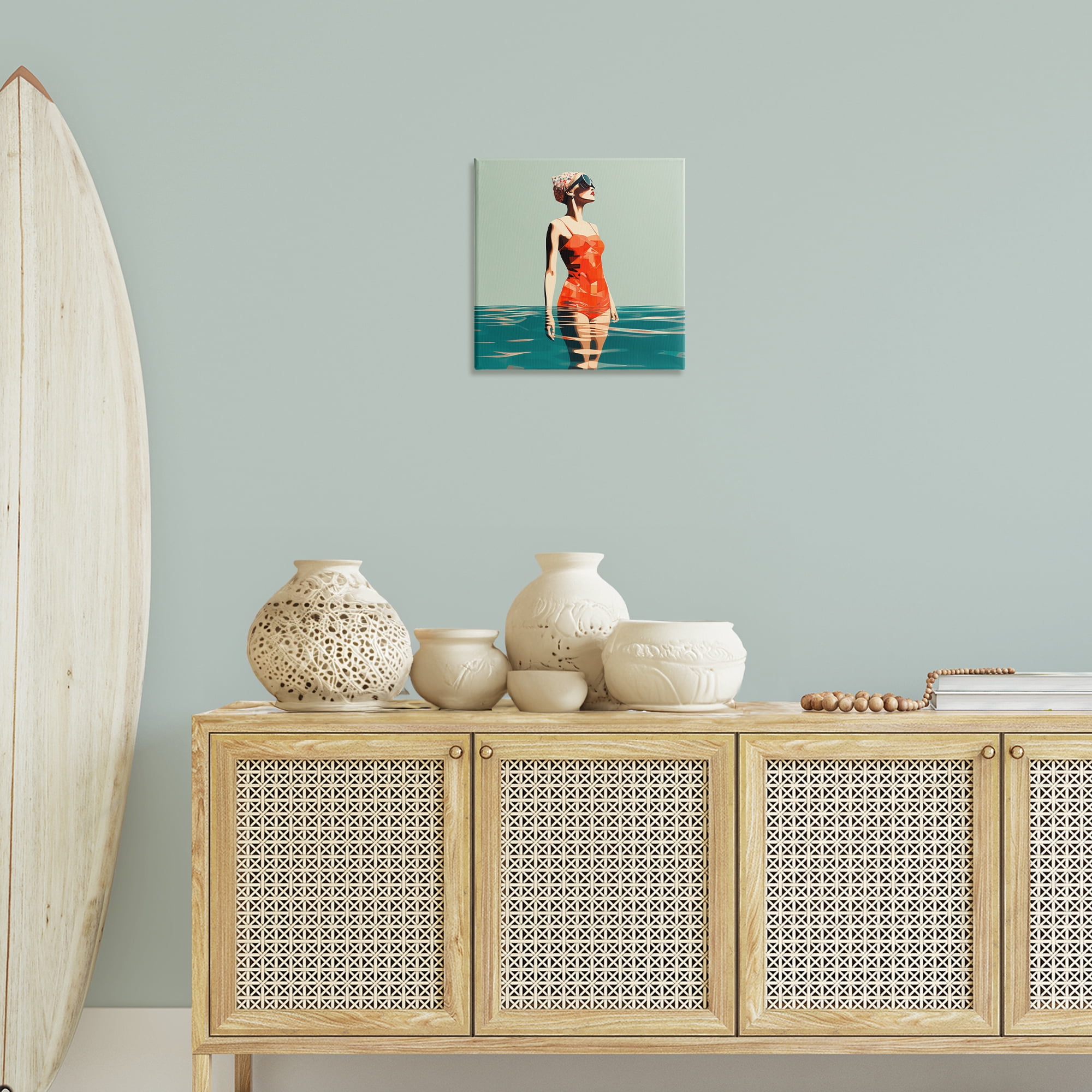 Stupell Industries Retro Woman in Swimsuit Novelty Painting Gallery Wrapped Canvas Art Print Wall Art, 17 x 17