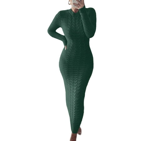 

Eyicmarn Women Long Sleeve Knitted Dress Crochet Pattern Solid Color Ribbed Round Collar Casual Long Club Party One-Piece