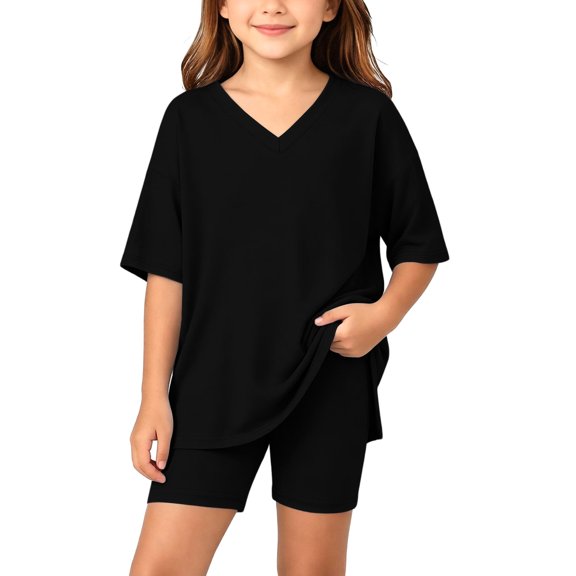 Iyufng Old Girls 2 Piece Outfits Summer Casual Sets Solid Color V-Neck Short Sleeve Top and Shorts 4-15 Years