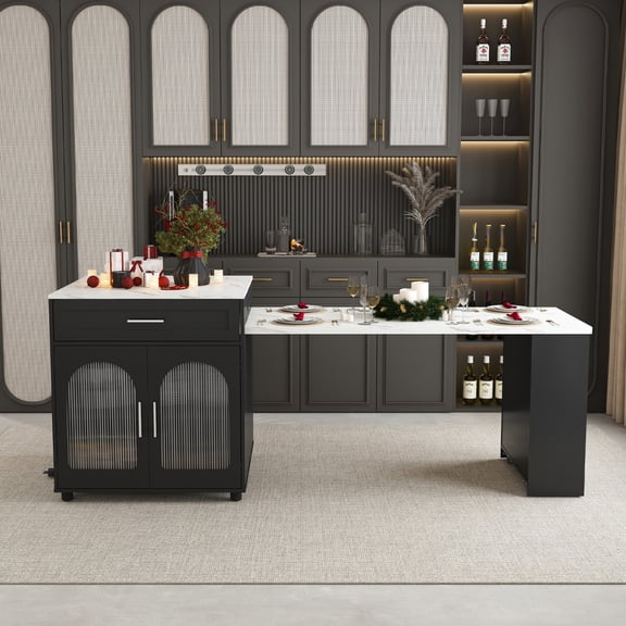 Aukfa Kitchen Islands with Extendable Dining Table,Mobile Retractable Kitchen Table with Power Outlets & USB Ports for Kitchen, Breakfast Bar,Black