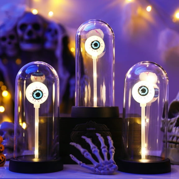 Dserhfy LED Clear Dome Eyeball Night Light Creepy Light-up Eyeball in Cloche with Wooden Base for Home Kitchen Tabletop Mentel Shelf Decor