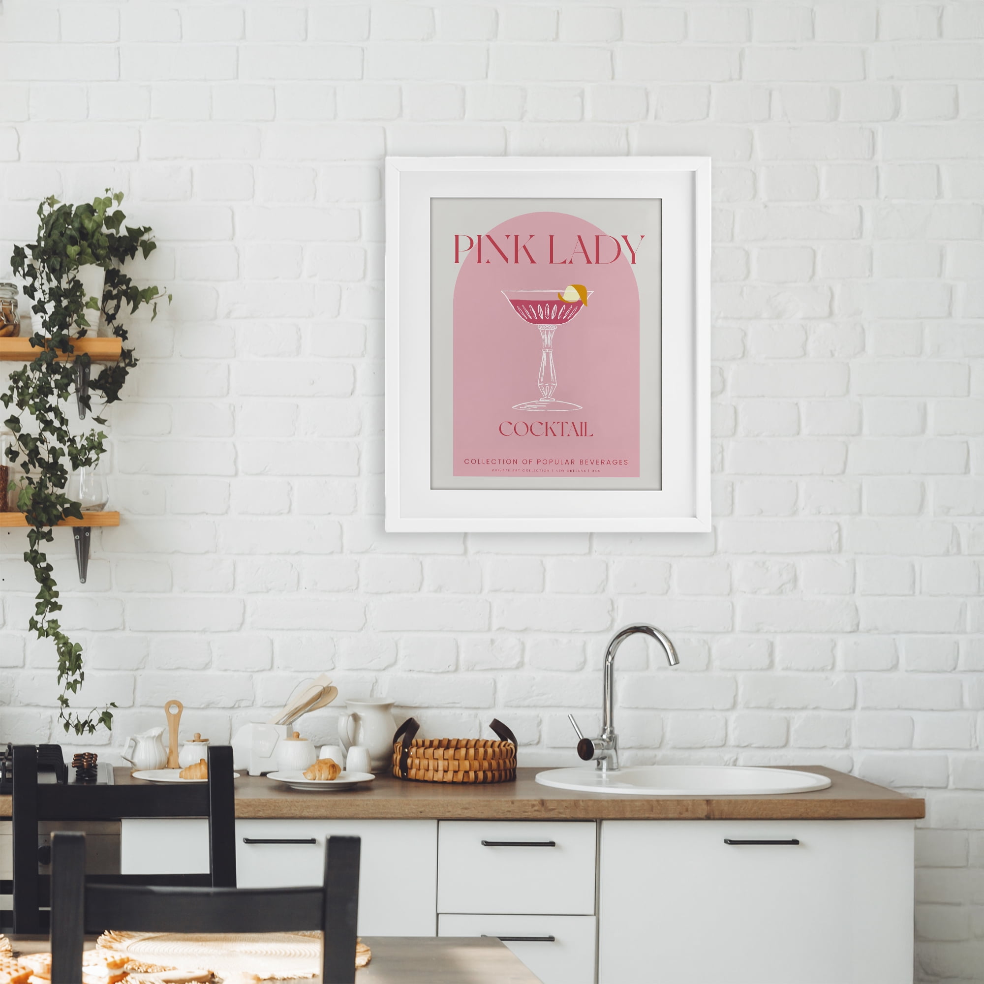 Stylish Retro Pink Lady White Framed Print Under Glass, design by Lil' Rue