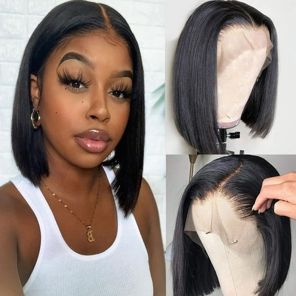 Dopi Bob Wig Human Hair Straight Lace Front Wigs Human Hair Short Cut 13x4 Lace Frontal Brazilian Wigs for Black Women Pre Plucked Natural Black Color 10 Inches
