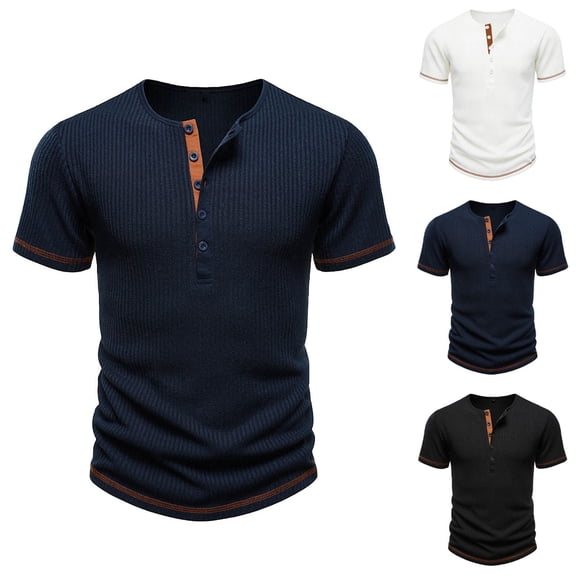 HomeDM Men's Henley Button T-Shirts Short Sleeve Crew Neck Summer Workout Pullover Tops Solid Color, Navy Size L