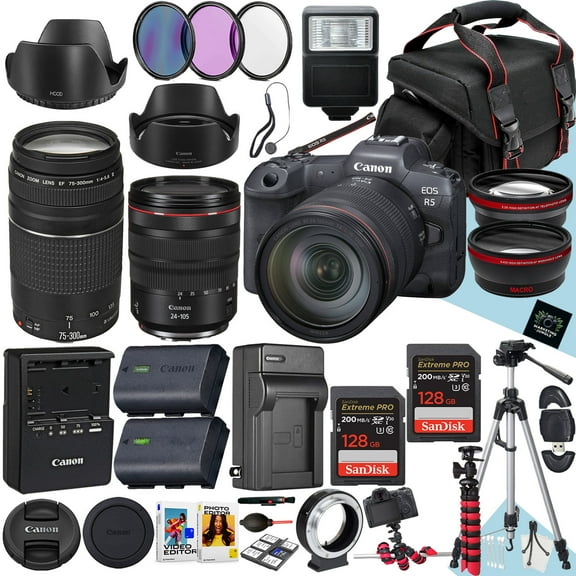 Canon EOS R5 Mirrorless Camera with 24-105mm f/4 L IS USM and EF 75-300mm f/4-5.6 III Lens   2PC 128GB Memory   Hood   Spare Extra Charger   Filters   Tripod   More (37pc Bundle)