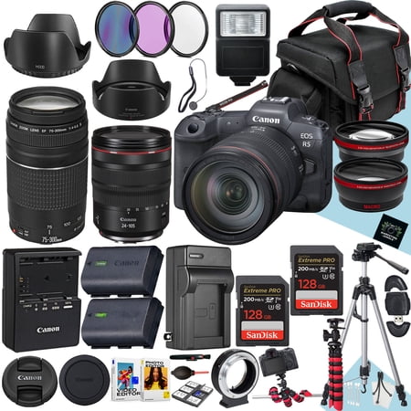Canon EOS R5 Mirrorless Camera with 24-105mm f/4 L IS USM and EF 75-300mm f/4-5.6 III Lens + 2PC 128GB Memory + Hood + Spare Extra Charger + Filters + Tripod + More (37pc Bundle)