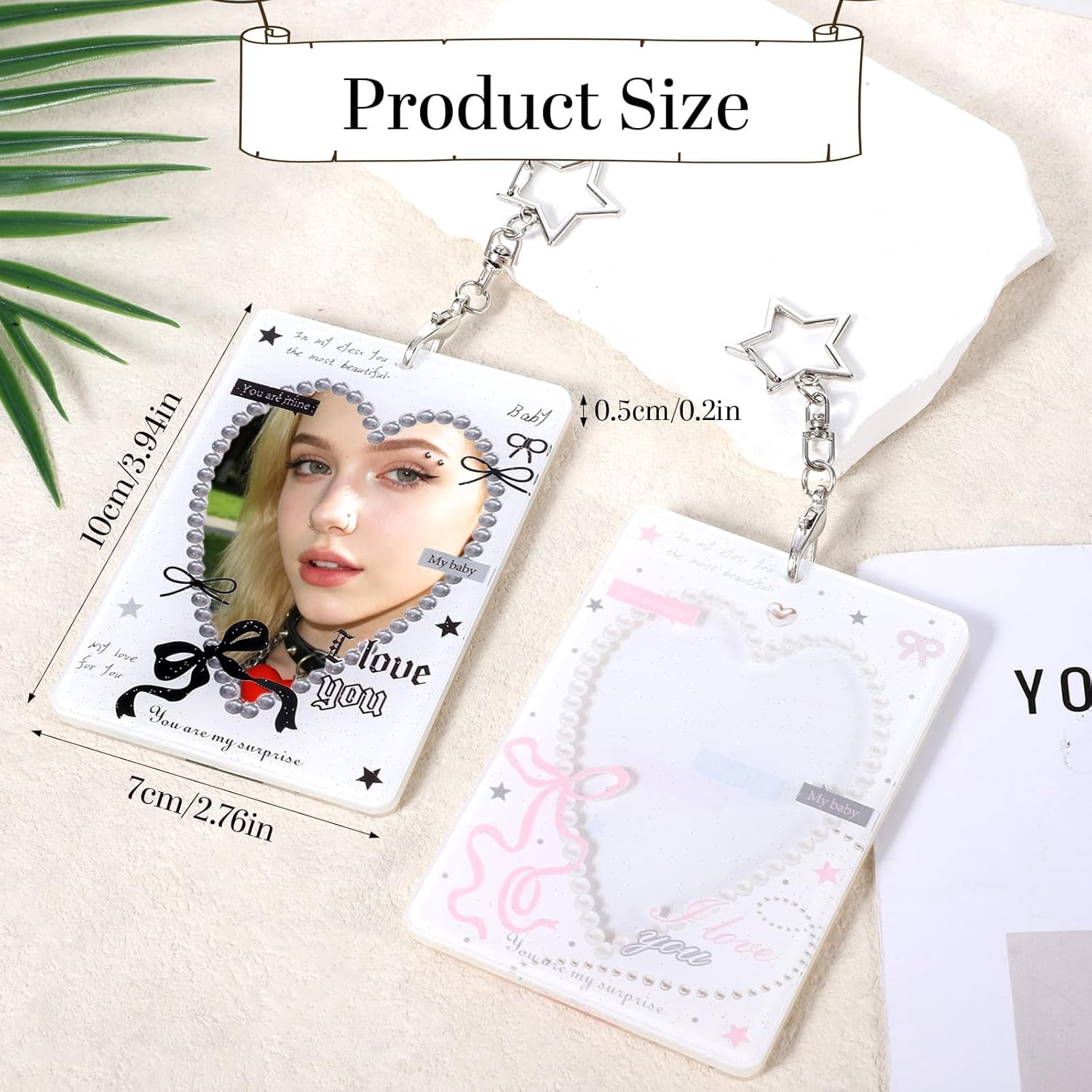 2 bow tie photo card holders with metal chain, transparent 2 charm badge clips, cute acrylic photo card protectors, with star pendant, for idol card albums