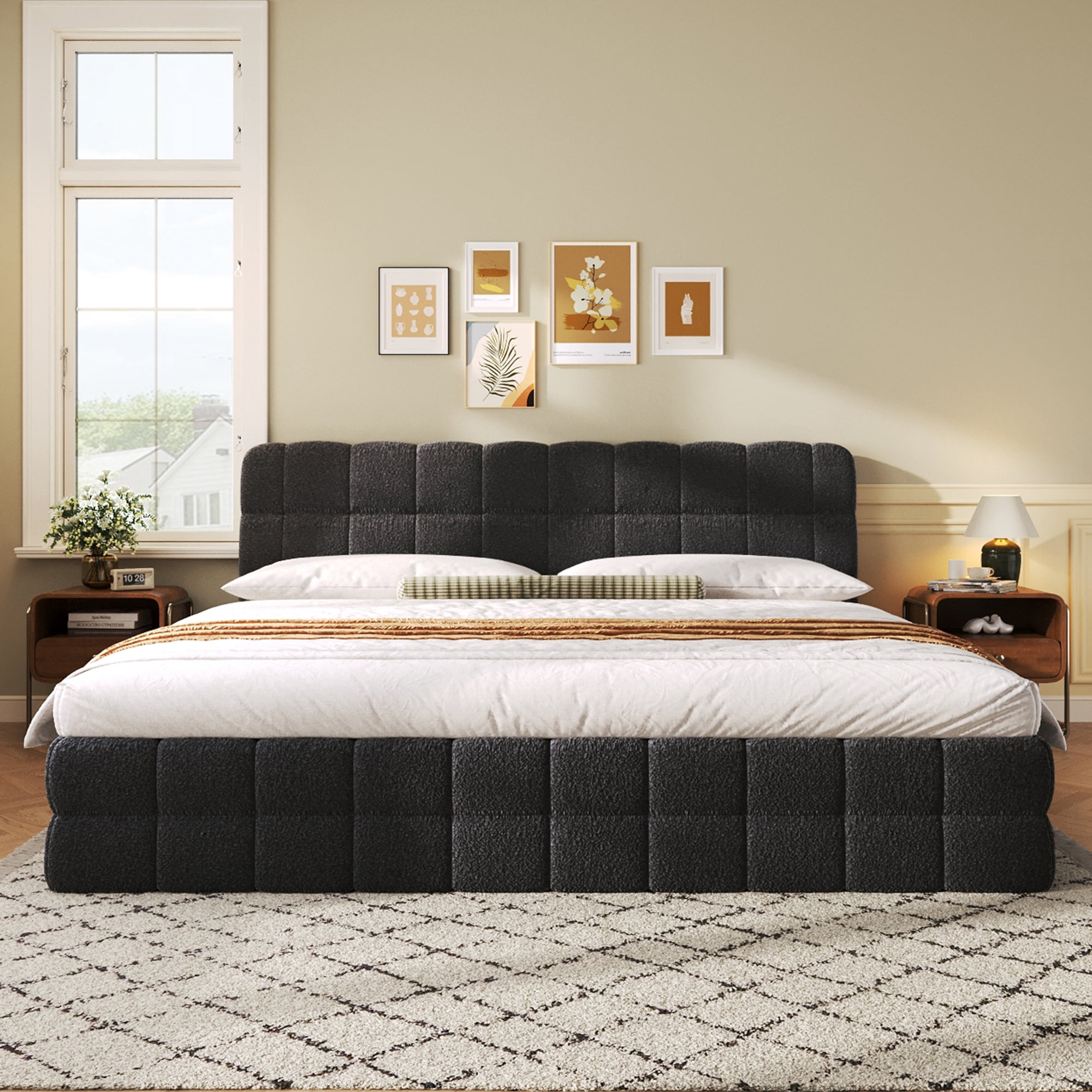 Euroco Upholstered King Size Platform Bed, Black