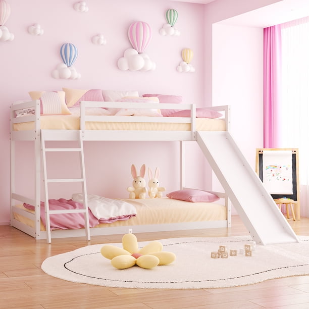 Ktaxon Bunk Bed Twin Over Twin,Kids Low Floor Bed Frame with Slide