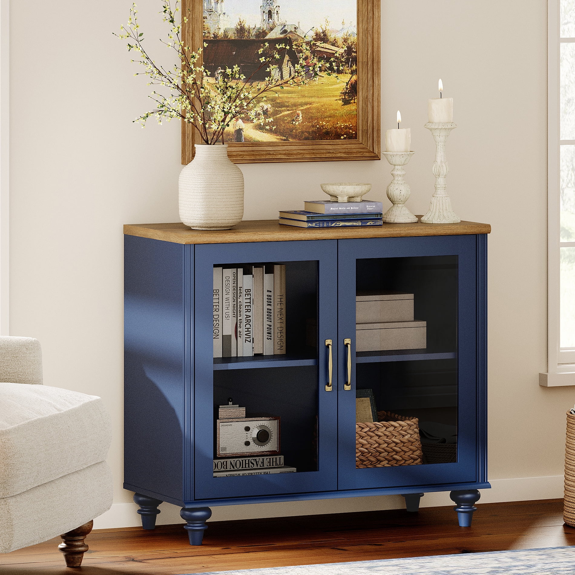 End Table with Glass Doors, Nightstand with Ample Storage, Side Table with for Bedroom, Navy Blue