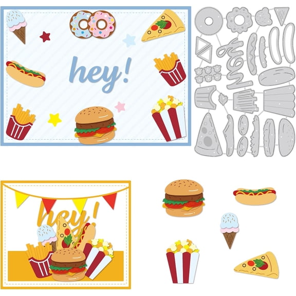 Fast Food Themed Metal Cutting Dies Hamburger Fries Pizza Carbon Steel Stencils 6x4" for DIY Crafts Scrapbook Album Paper Card Embossing 0.8mm Thick