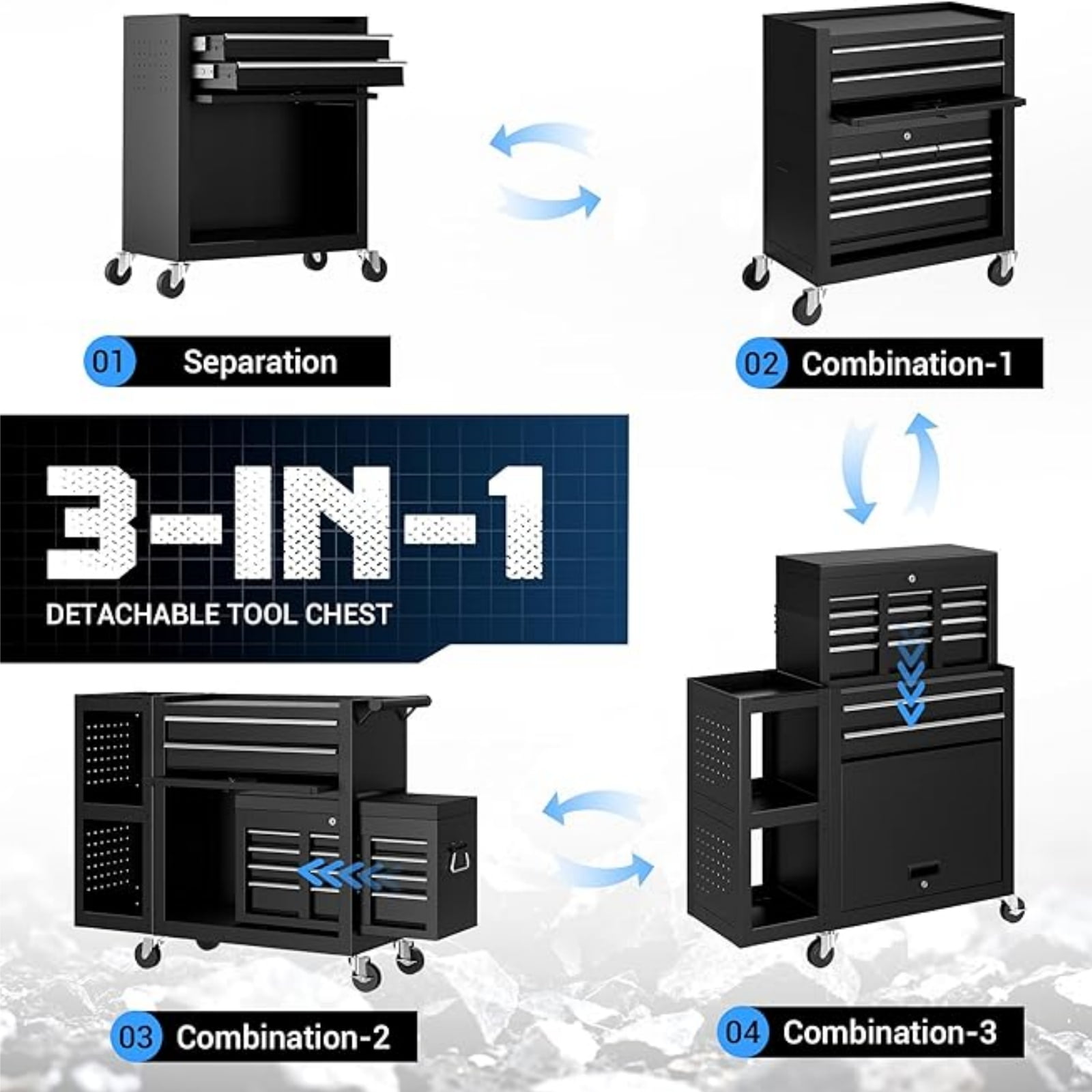 Rvchic 8-Drawer Rolling Tool Chest with Locking System & 3 Large Lockable Cabinets for Garage Workshop ,Includes Protective Mat & Side Cabinet