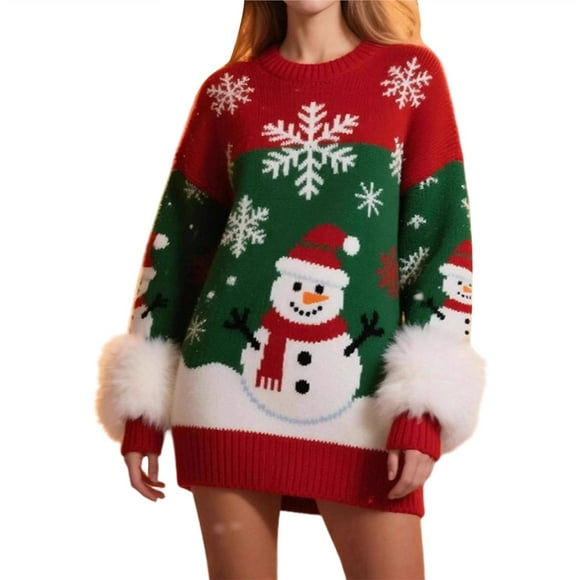 Suéter Navideño de Larga, Cuello Redondo y Medio para Mujer, con Estampado de Copos de Nieve en Jacquard y Colores Contrastantes Rojo L
