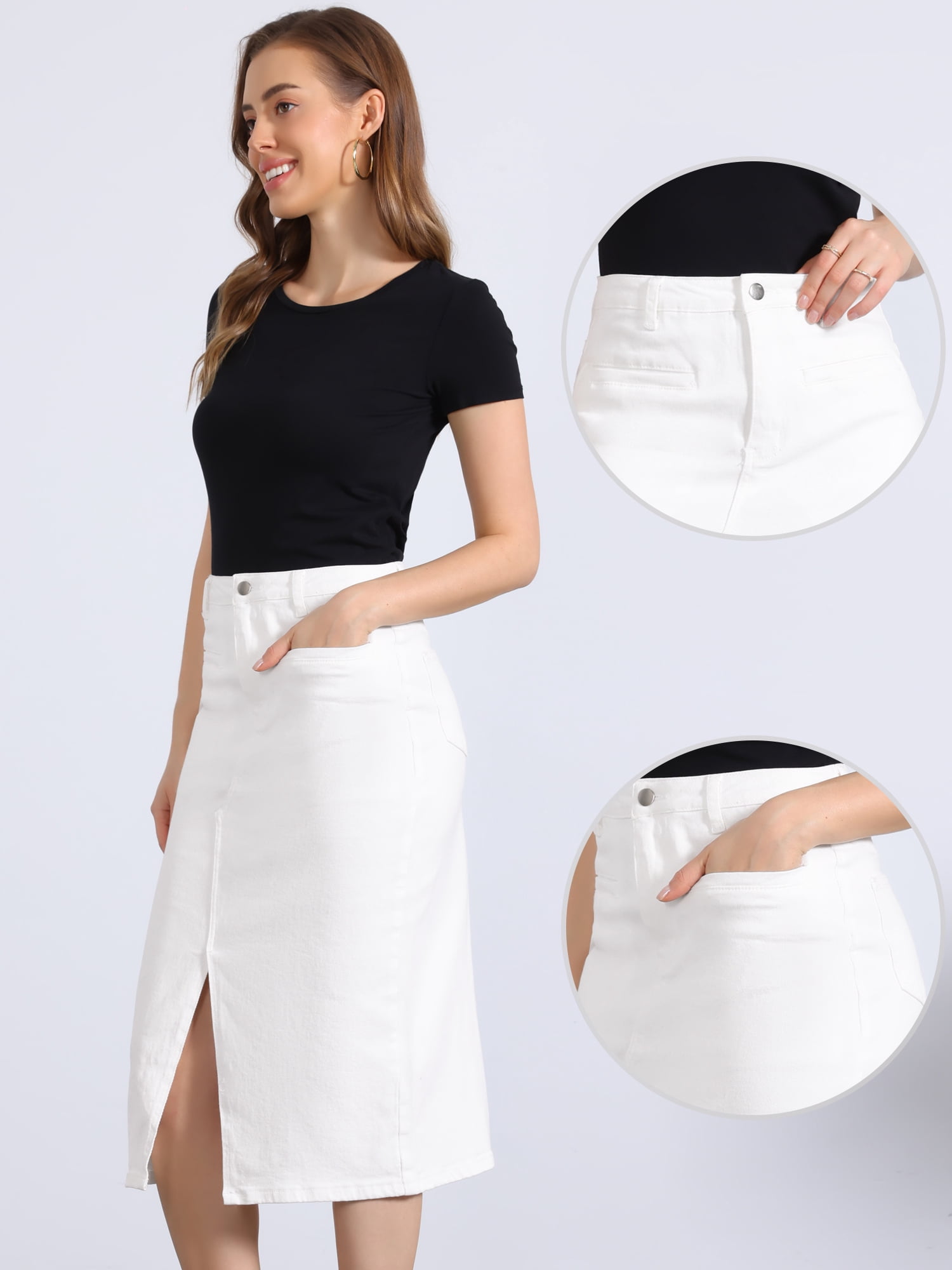 DARING DIVA Women's Slit Front Washed Jean Midi Skirts with Pockets M White