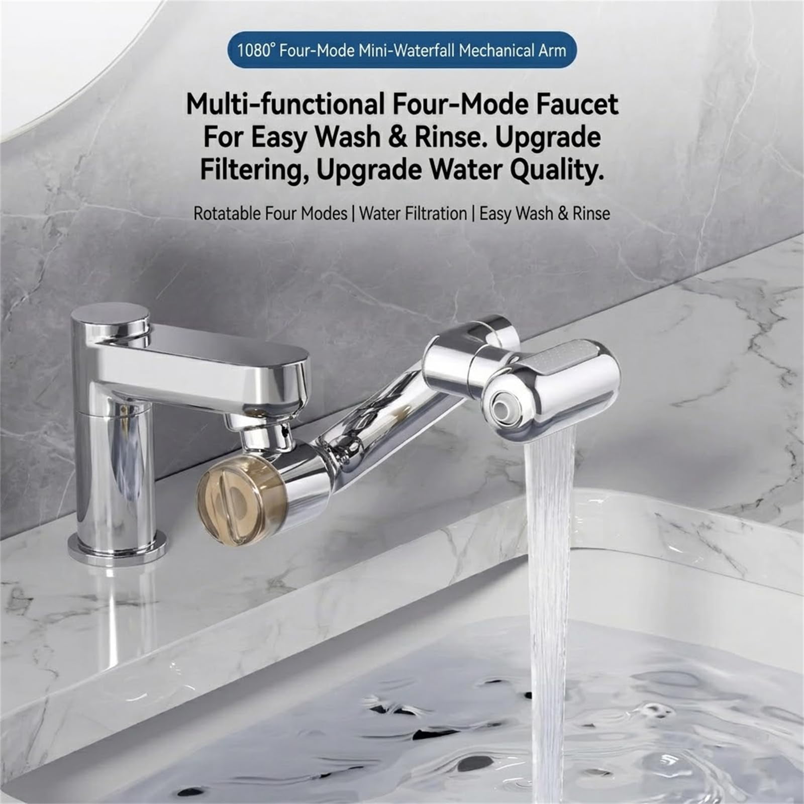 1080° Rotating Faucet Extender with Upward Facial Mist, 4 Water Modes & Built-In Filter, Brass Robotic Arm Aerator Attachment, Adjustable Sink Sprayer for Kitchen Bathroom
