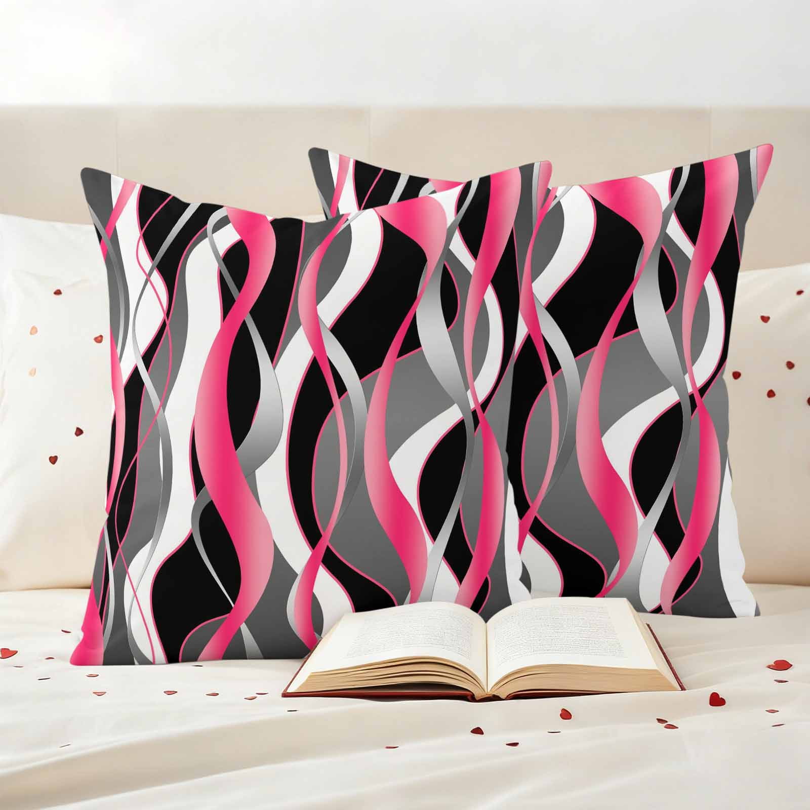 Pink Stripe Outdoor Waterproof Pillow Covers, Gradient Grey Moire Geometric Modern Abstract Decorative Square Throw Pillowcase Sofa Cushion Sham for Patio/Couch/Chair, 16"x16" 2 Pack
