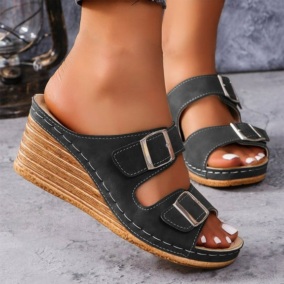 Beach Women's Sandals Clearance, Xunlbb Women's Fashion Casual Spring New Style Solid Color Belt Buckle Open Toe Wedge Heel Shoes(Black,Size:36)