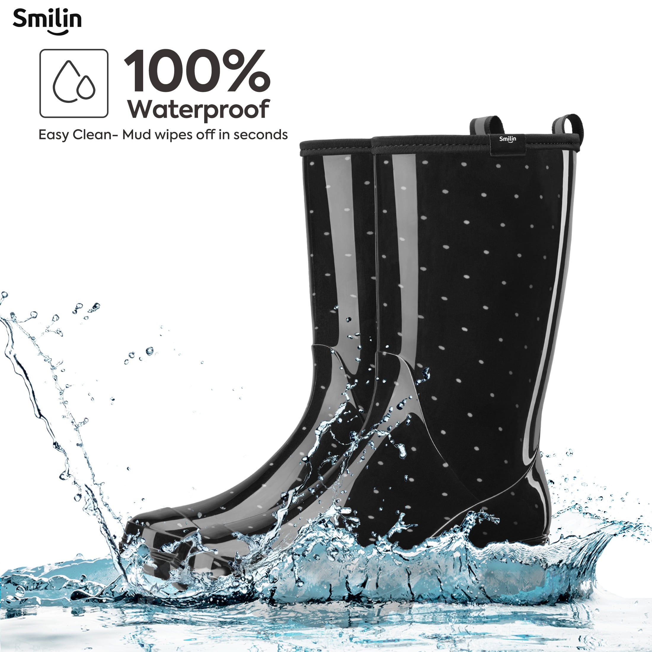 SMILIN Women's Rain Boots, Waterproof Non-slip High Ankle Garden Boots，Polka Dot, Size 6