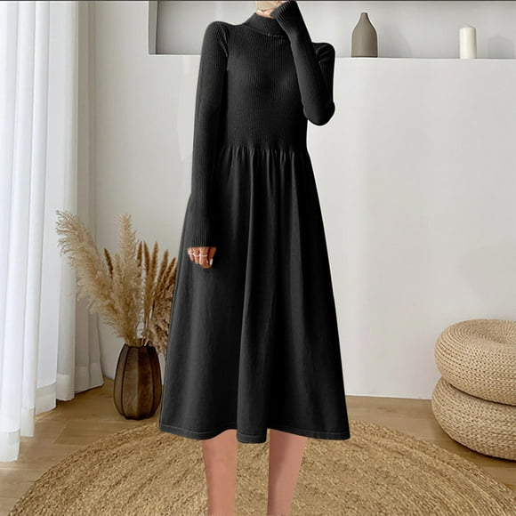 Bestselling,Women's Elegant Semi High Collar Long Sleeve Sweater Dress, Ideal for Stylish and Cozy Looks Practical and Stylish|Acrylic,Black,Sopatenor