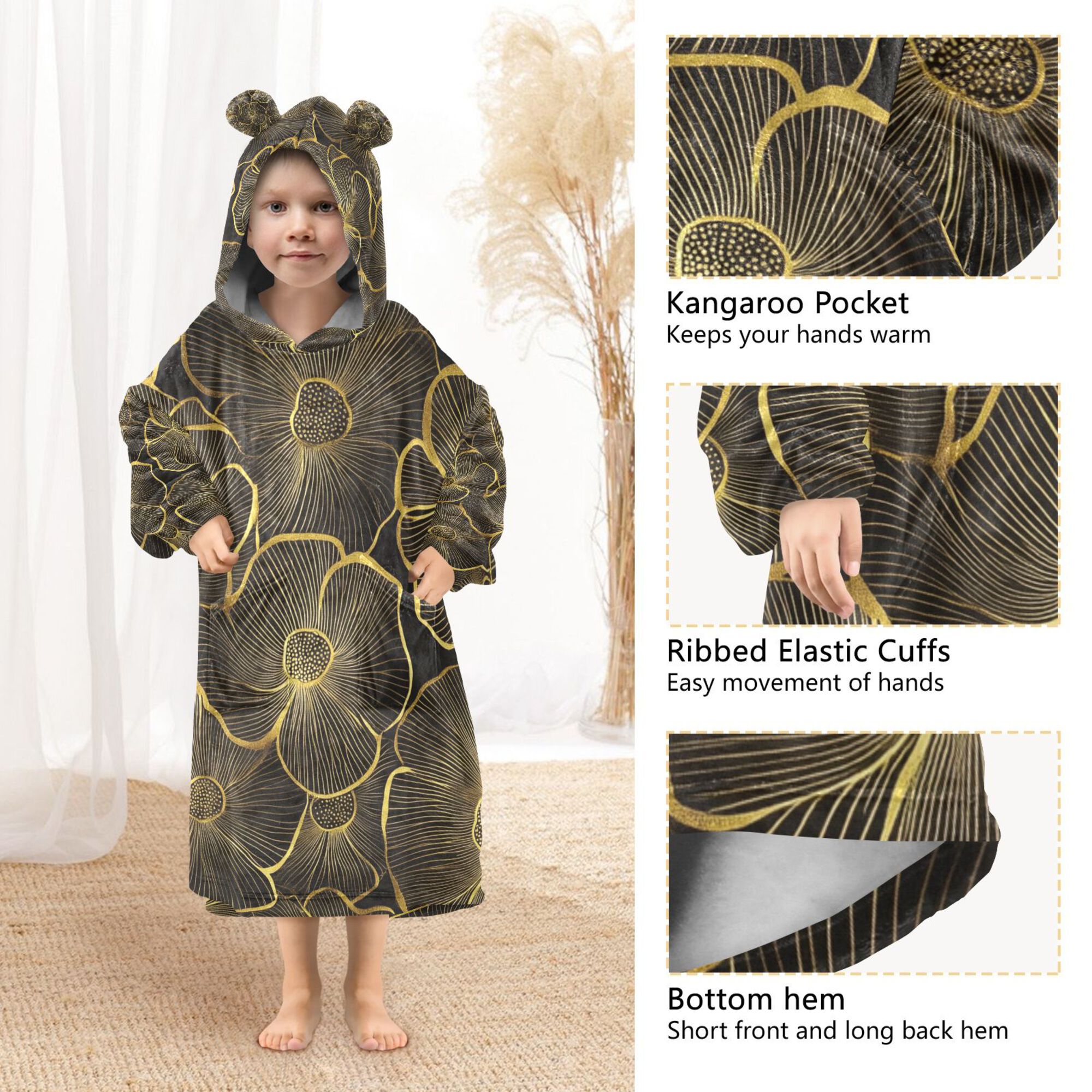FORMRS Wearable Blanket Hoodie with Sleeves for Kids Cozy Flannel Sweatshirt, Black Flower Pattern