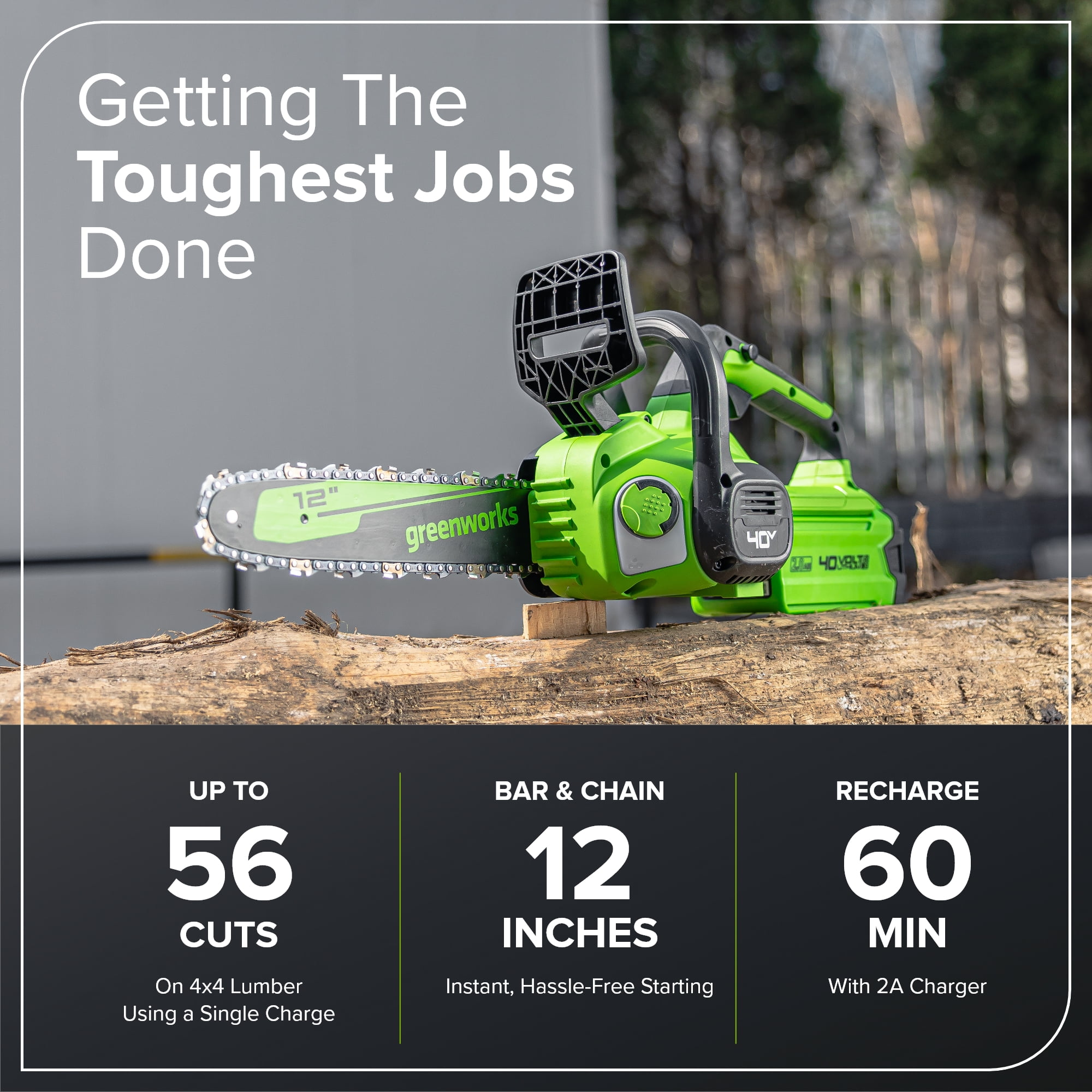 Greenworks 40V 12-inch Chainsaw, 2.0Ah Usb Battery and Charger