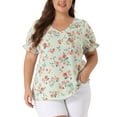 thumbnail image 1 of Blusas de verano casuales de mujer en tallas grandes Agnes Orinda, con estampado floral, escote en V, mangas cortas con volantes, 3X color verde claro, 1 of 8