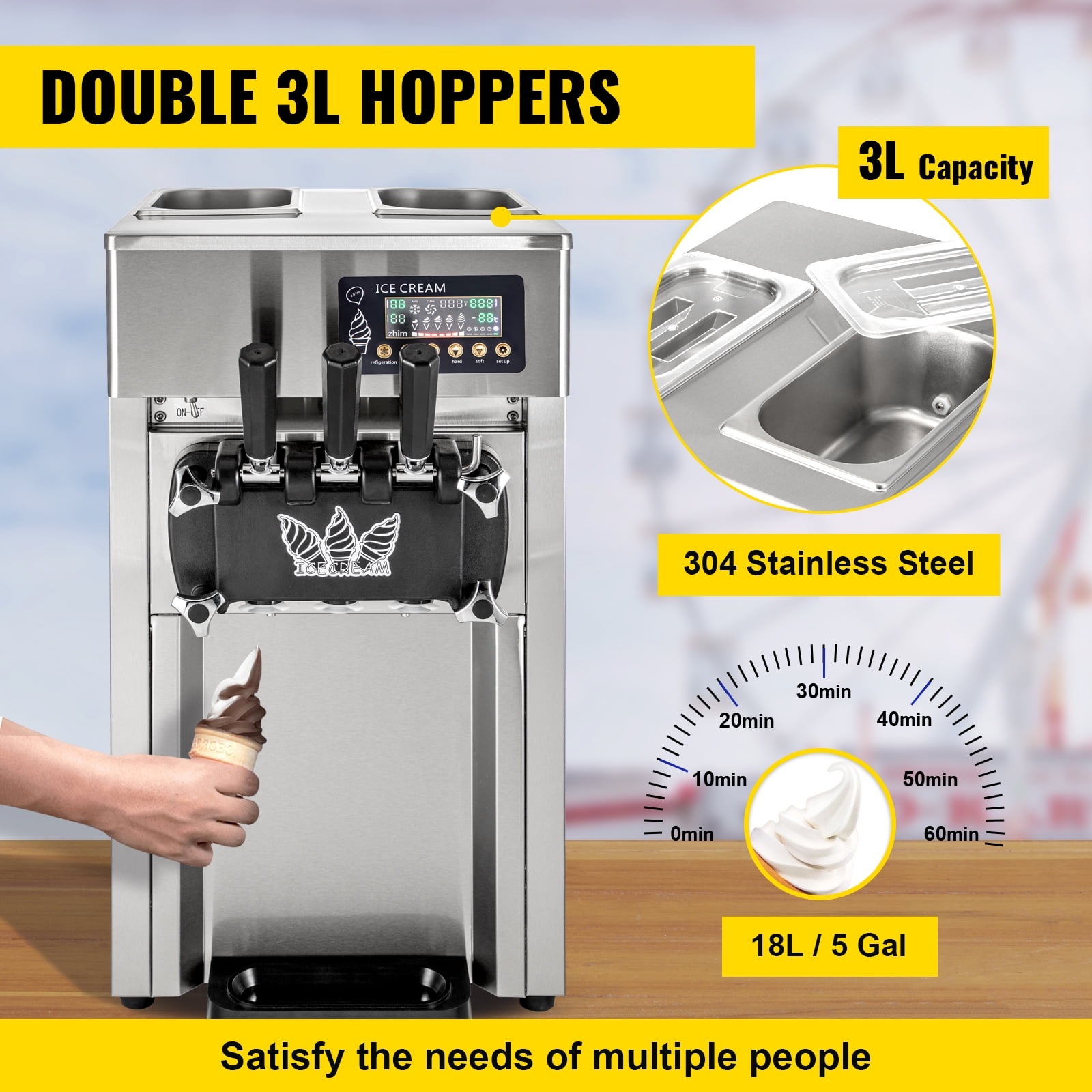 SHENGJINSH 3 Flavors Commercial Ice Cream Machine, 18L/H Yield, Ice Cream Maker with LED Display Screen 1200W