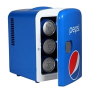 Pepsi 6 Can Portable Mini Fridge, 4L Personal Cooler with Carrying Handle, AC & 12V Car Adapter, Compact Beverage Cooler for Drinks, Skincare, and Snacks
